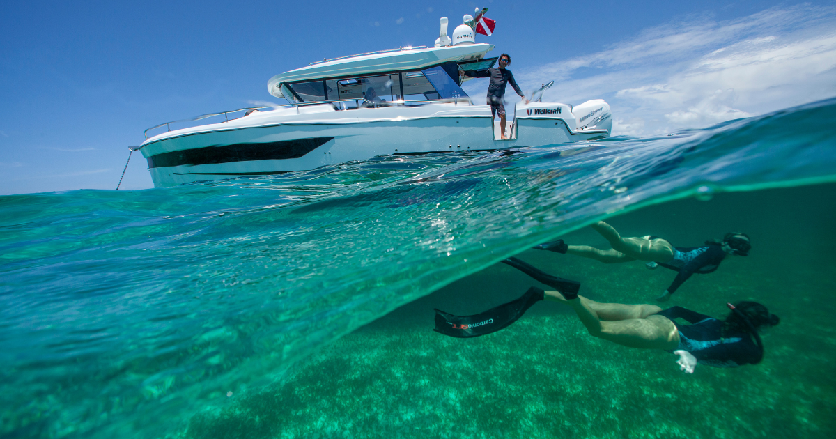 People snorkeling off of the Wellcraft 355 boat